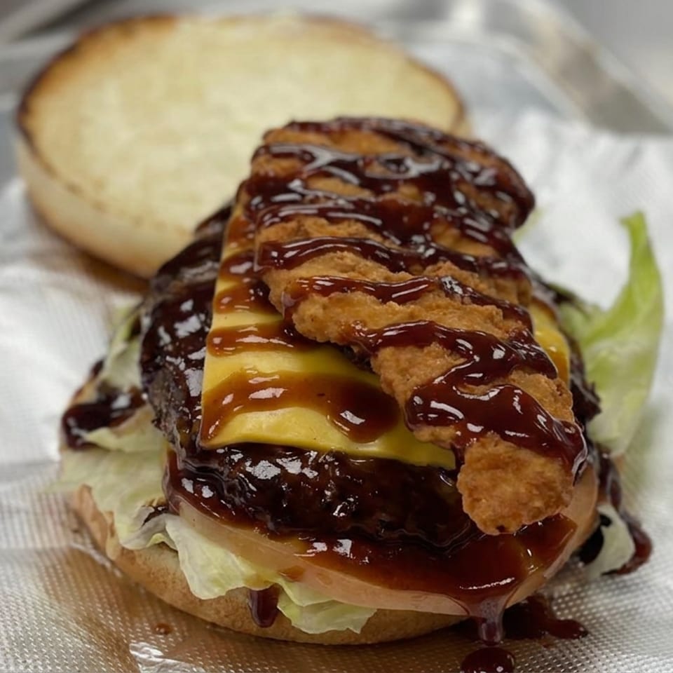 Loaded burger with lettuce, melted cheese, crispy fried topping, and glossy barbecue sauce on a napkin-lined tray.