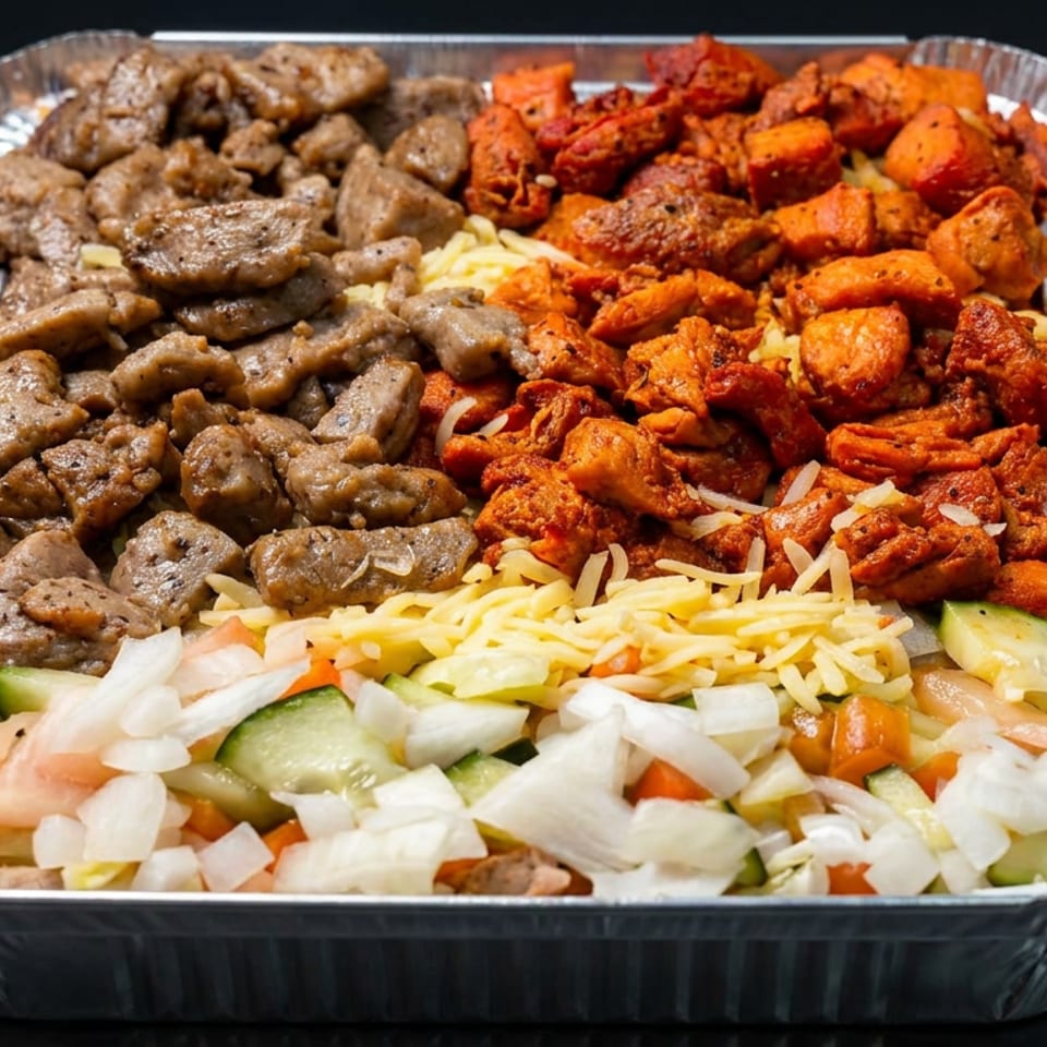 Aluminum tray filled with seasoned meat, spicy chicken, shredded cheese, onions, tomatoes, cucumbers, and lettuce.