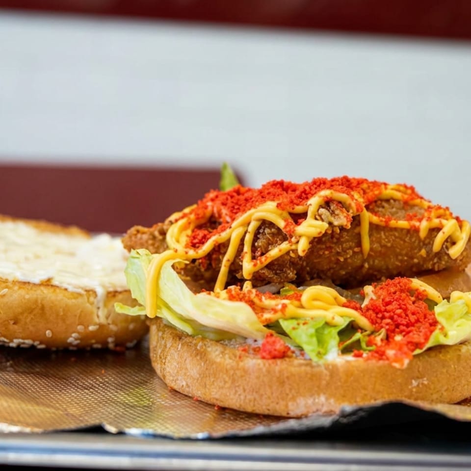Open sesame bagel sandwich with lettuce, fried filling, yellow sauce, and red seasoning on foil.