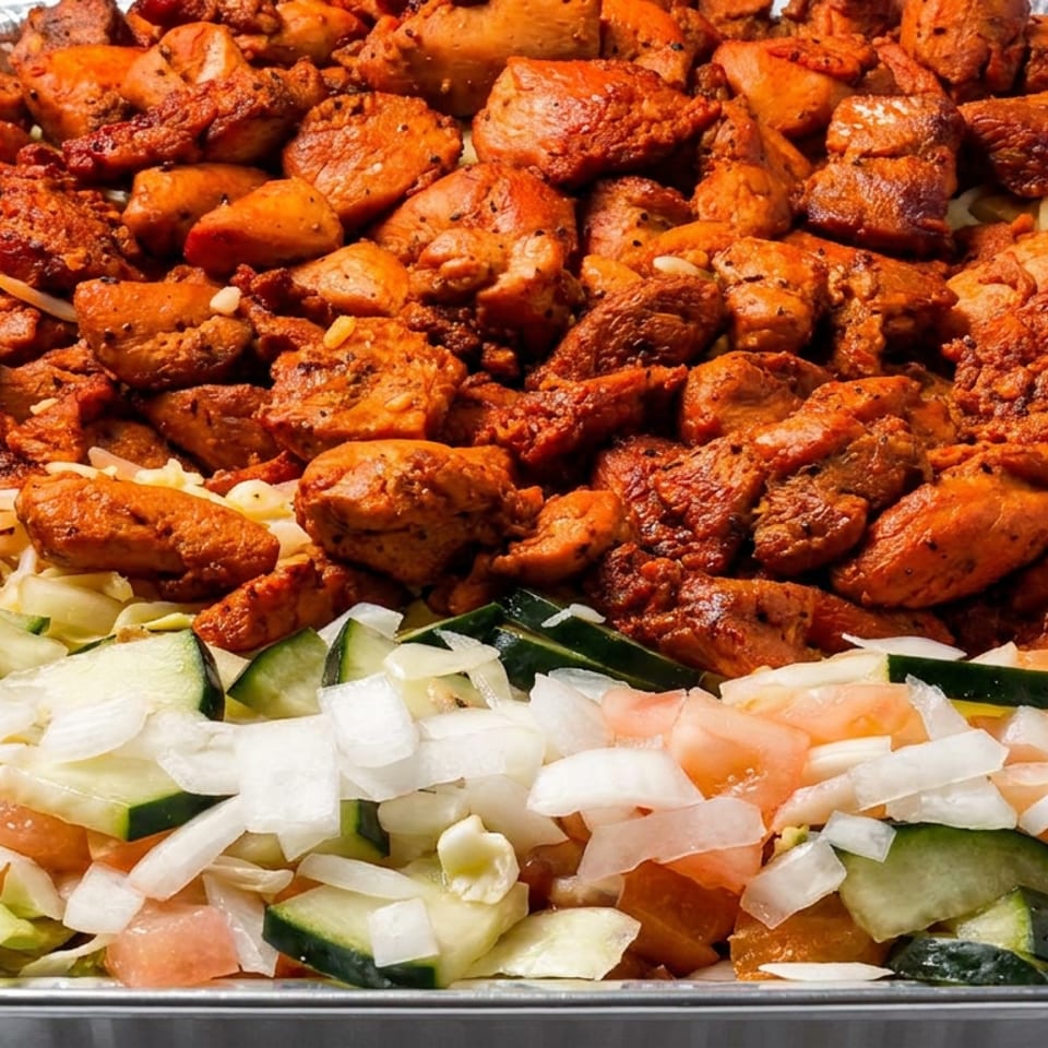 Aluminum tray filled with spiced chicken pieces over rice, accompanied by lettuce, cucumber, tomato, and chopped onions.