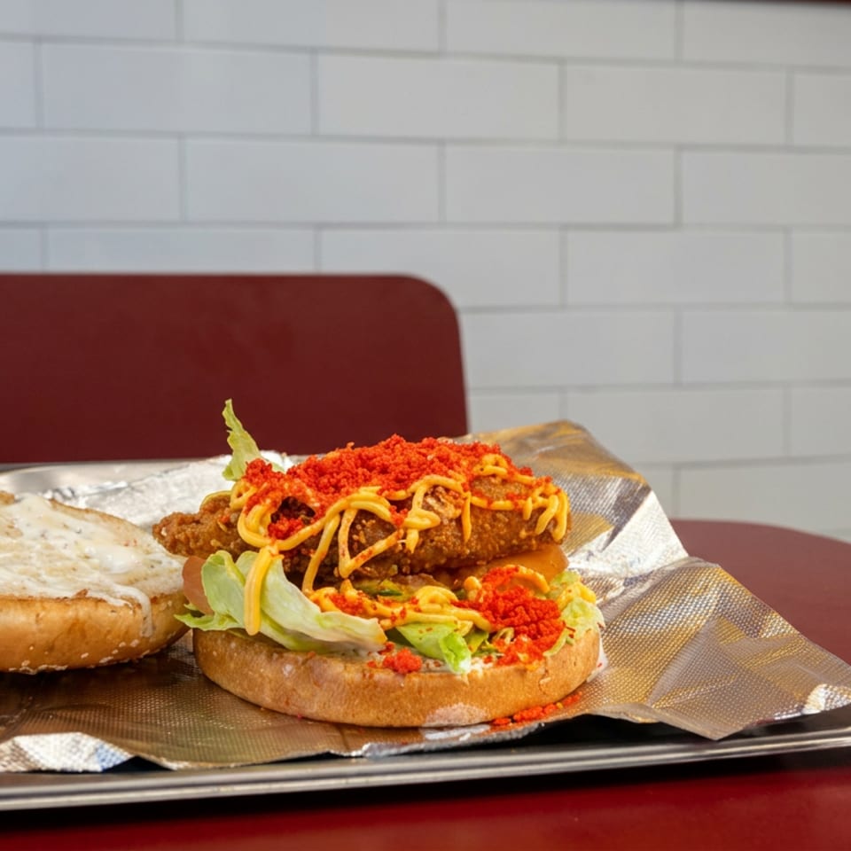 Open-faced fried chicken sandwich with lettuce, creamy sauce, and crunchy red topping on a foil-lined tray.