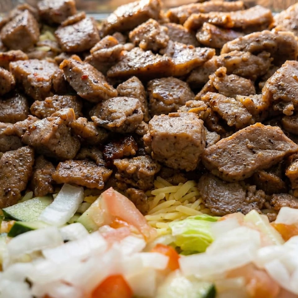 Tray of seasoned grilled meat pieces over yellow rice, with chopped lettuce, tomatoes, cucumbers, onions, and carrots.