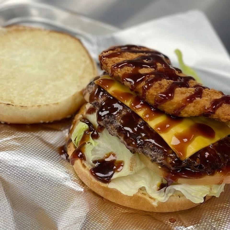 Open cheeseburger with lettuce, barbecue sauce, crispy fried topping, and toasted bun on a paper-lined tray.