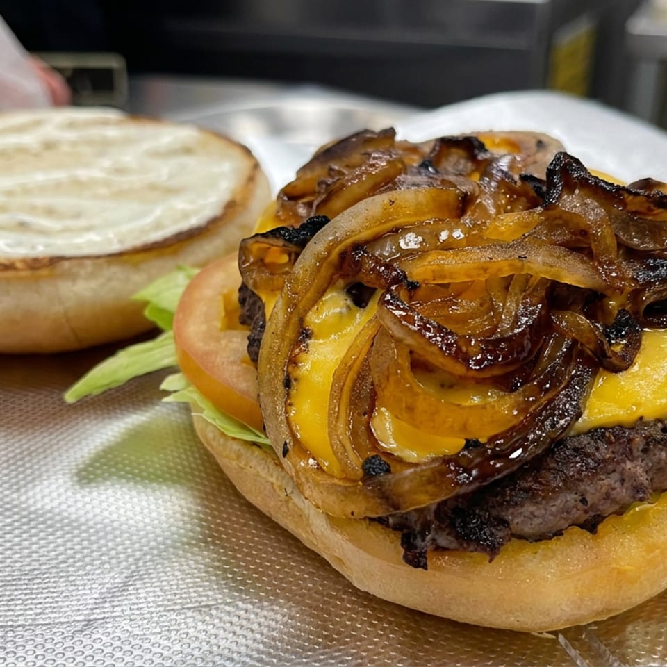 Cheeseburger topped with caramelized onions, lettuce, tomato, and sauce, served open-faced on a textured paper-lined tray.