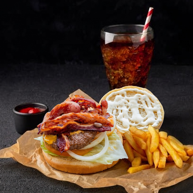845 burger combo w fries/soda.